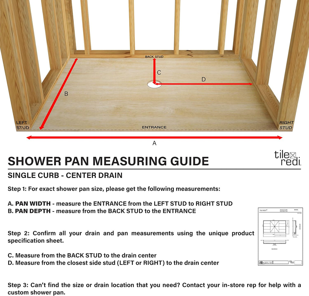 Tile Redi P3648C-PVC Shower Pan with Center Drain- Single Curb Shower Base, 2' PVC Drain, and Plate Included, 48' Width x 36' Depth