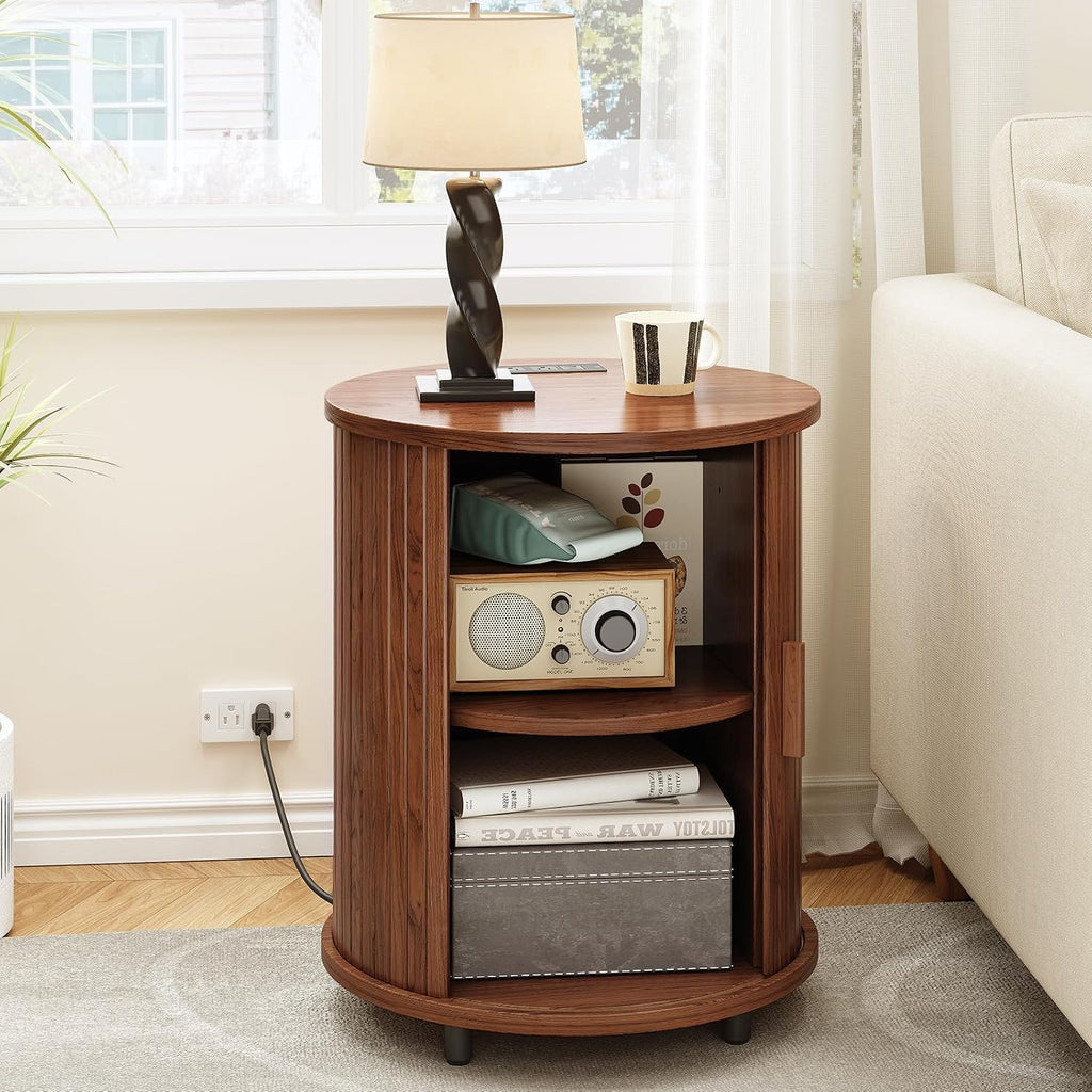 ONBRILL Round End Table Set of 2 with Charging Station, Mid Century Bedside Table with Sliding Door & 2 Tier Storage, Modern Nightstands Set of 2 for Living Room, Bedroom, Entryway, Walnut