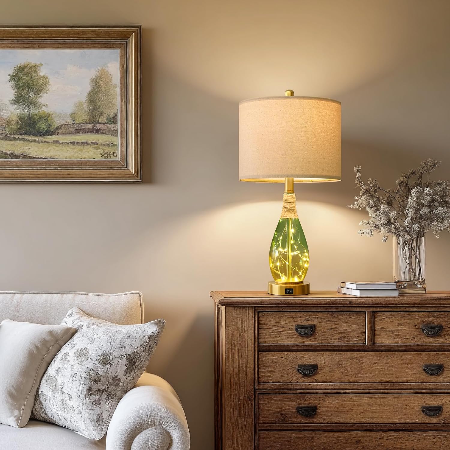 OYEARS 23' Table Lamps Set of 2,Farmhouse Lamps with Glass Nightlight, Bedside Lamps for Living Room, Rattan Lamps for Bedroom Nightstands, Two Light Points
