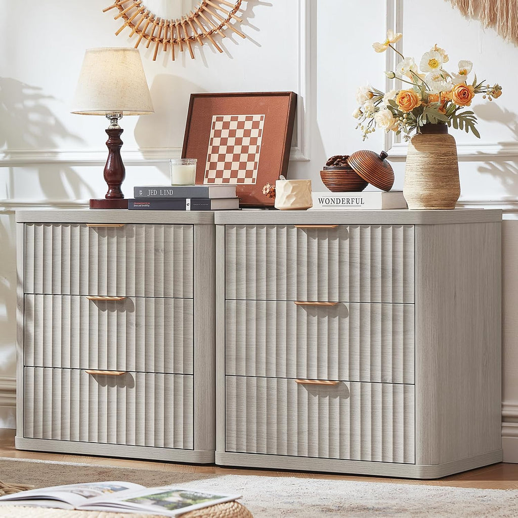 LEYAOYAO Fluted Farmhouse Nightstand Set of 2 with Charging Station, 23' Wide 3 Drawers Night Stand,LightGrey Dresser for Bedroom,Bed Side Table Chest of Drawers,Wood End Table for Living Room