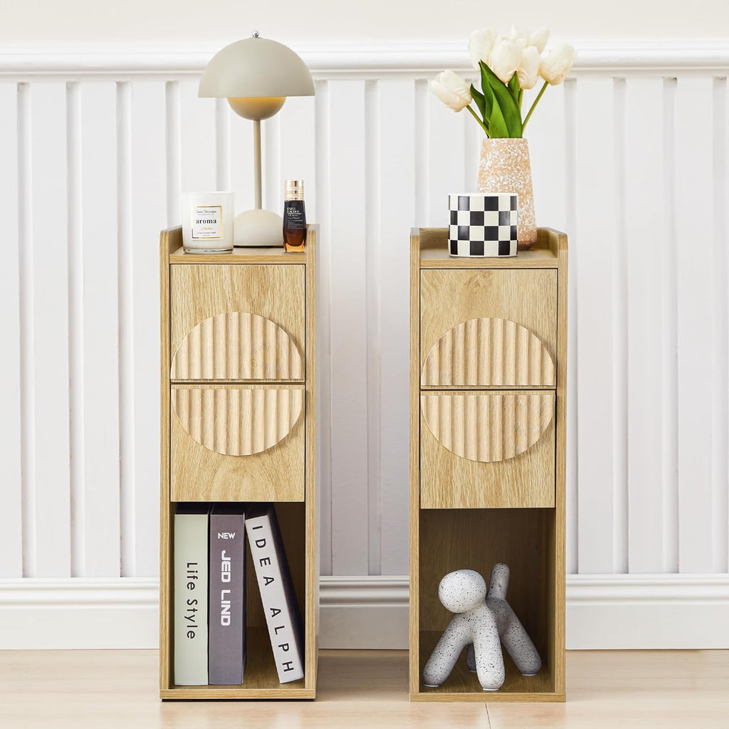 Narrow Nightstands Set of 2 for Bedroom, Mid Century Modern Wooden Bedside with 2 Drawers, Fluted Skinny End Table, 8 Inch Wide Slim Side Tables for Small Spaces,Natural