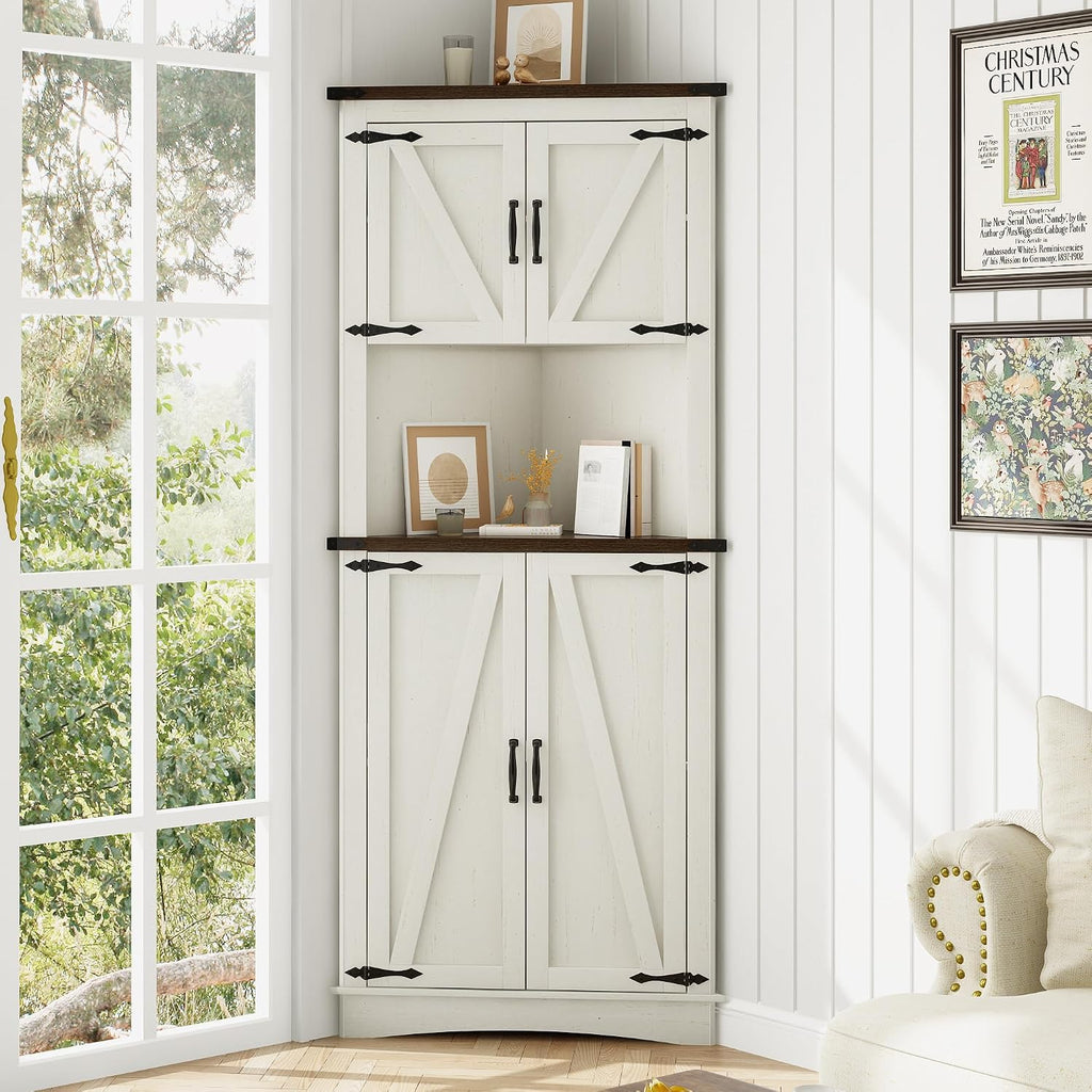 chartustriable 68' Tall Farmhouse Corner Cabinet, 28.3' Corner Storage Cabinet with 4 Doors and Adjustable Shelves, Tall Barn Door Cabinets with 5 Storage Shelves, for Kitchen, Bathroom, Antique White