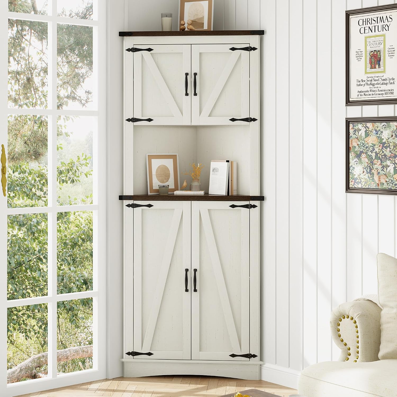 chartustriable 68' Tall Farmhouse Corner Cabinet, 28.3' Corner Storage Cabinet with 4 Doors and Adjustable Shelves, Tall Barn Door Cabinets with 5 Storage Shelves, for Kitchen, Bathroom, Antique White