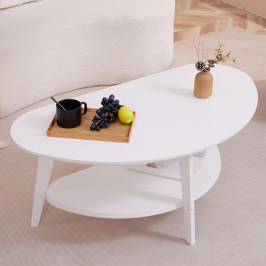 NAVREX Mid Century Modern Coffee Table, Oval Coffee Tables with Storage for Living Room, 2 Tier Solid Wood Center Table, White Coffe Tables, Easy Assembly, Value Lies in Material 40.2' D x 22' W
