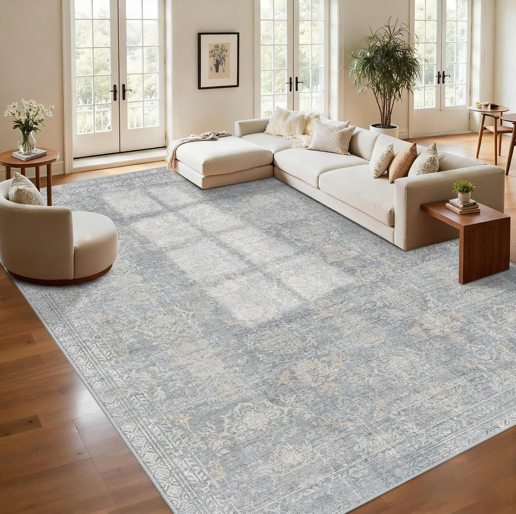 Rugxara 9x12 Area Rugs for Living Room Bedroom, Large Washable Rug, Blue Vintage Retro Boho Rug, Non Slip & Low Pile Faux Wool Thin Carpet for Indoor Dining Room and Kids Room(Blue/Beige 9x12ft)