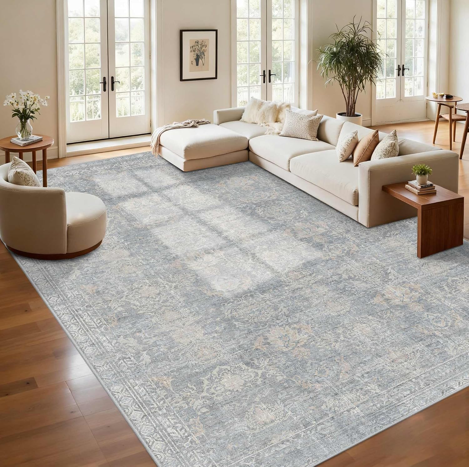Rugxara 9x12 Area Rugs for Living Room Bedroom, Large Washable Rug, Blue Vintage Retro Boho Rug, Non Slip & Low Pile Faux Wool Thin Carpet for Indoor Dining Room and Kids Room(Blue/Beige 9x12ft)