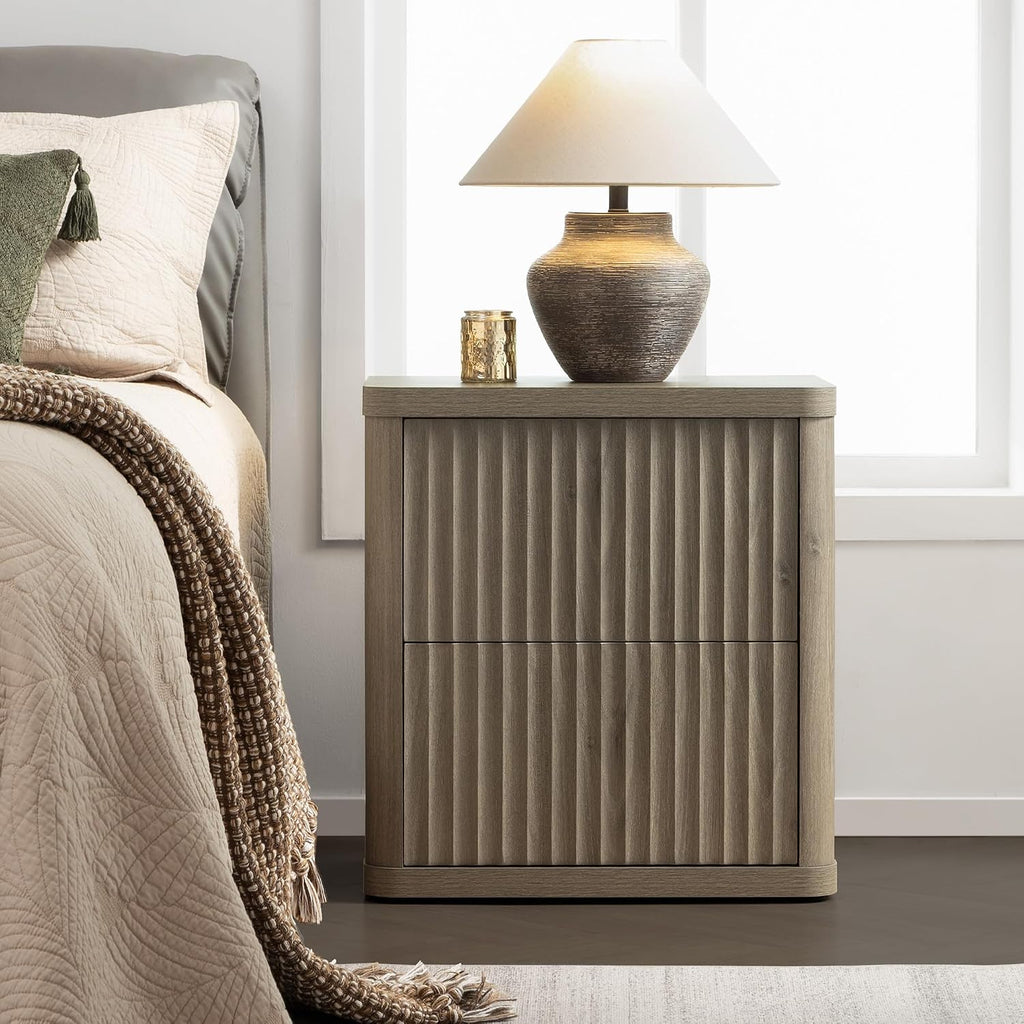 SICOTAS Night Stand Set of 2 Nightstands with 2 Drawers Storage Bedside Table Large Fluted Bed Side End Table Modern 24.4' Tall Wide Night Stands for Bedroom Living Room Sofa Couch Office, Grey Alder