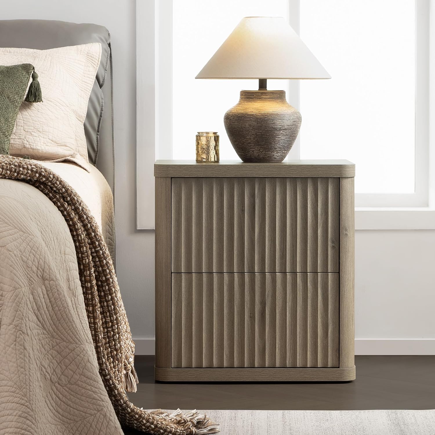 SICOTAS Night Stand Set of 2 Nightstands with 2 Drawers Storage Bedside Table Large Fluted Bed Side End Table Modern 24.4' Tall Wide Night Stands for Bedroom Living Room Sofa Couch Office, Grey Alder
