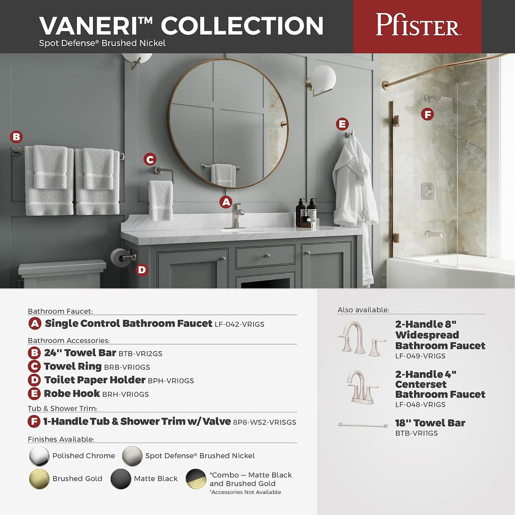 Pfister Vaneri 2-Handle Widespread Bathroom Sink Faucet 3-Hole NSF Certified Spot Defense Brushed Nickel Finish with Push & Seal Drain TiteSeal Technology LF049VRIGS