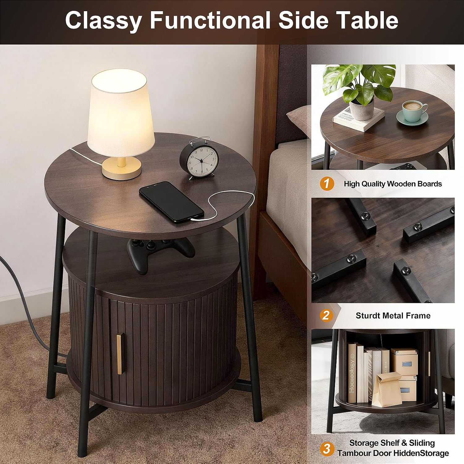 DHH Round End Tables Set of 2 & Charging Station, Fluted Accent Side Table with Sliding Door, Mid-Century Modem Nightstand Set for Small Space Storage, Living Room, Bedroom,Sofa Couch(Dark Walnut)