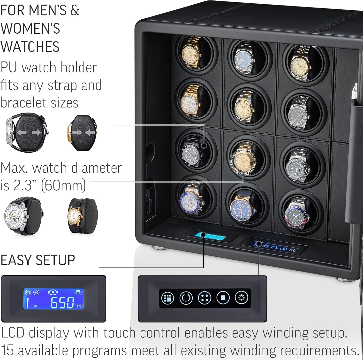 12 Watch Winder with Fingerprint Lock, Interior Light, Alarm System and 2 Storage Compartments