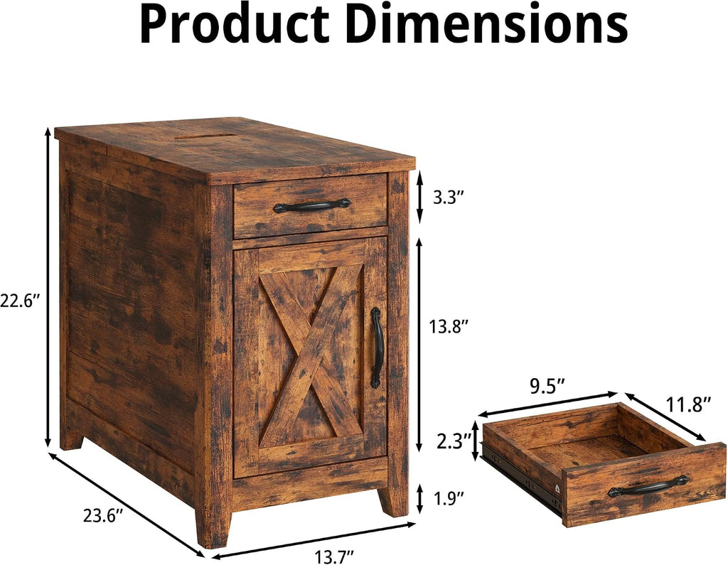 IRONCK End Table with Charging Station, Narrow Side Table for Living Room, Night Stand Set of 2 with Drawer and Cup Holder, Farmhouse Bedside Table with USB Ports and Outlets for Home, Vintage Brown