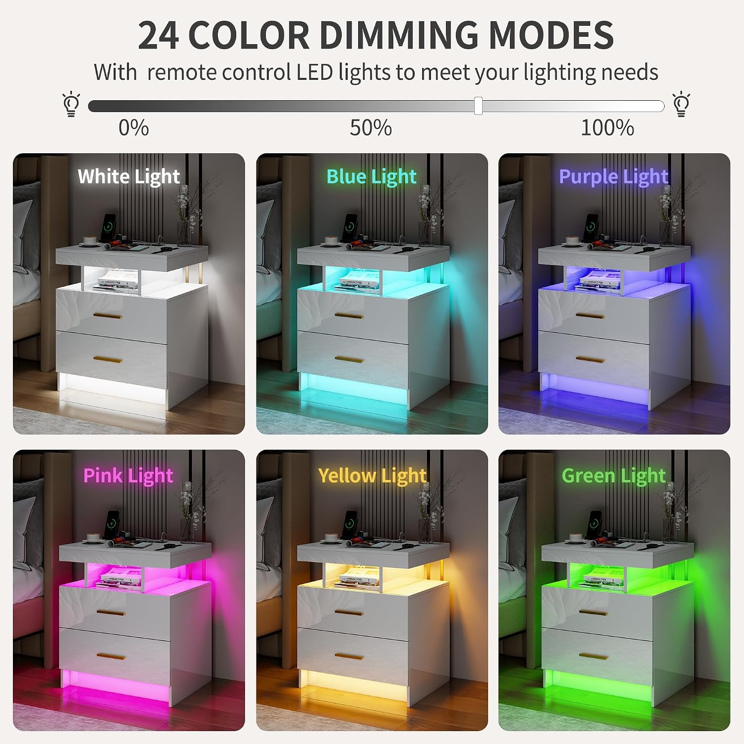 Smart Night Stand Set of 2 with Charging Station, Modern White Nightstand with 24 Color Lights and 2 Drawers, LED Bedside Tables with Auto Senor,High Gloss End Side Table for Bedroom