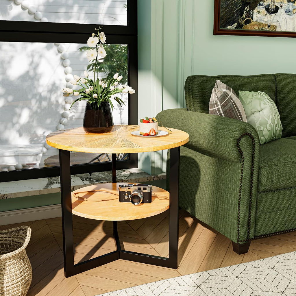 Round Large End Table with 2 tire Storage Shelf, 25.2' Solid Wood Sofa Side Table with Black Metal Frame, Beside Table for Living Room,Small Space,Natural CJZ1338OA