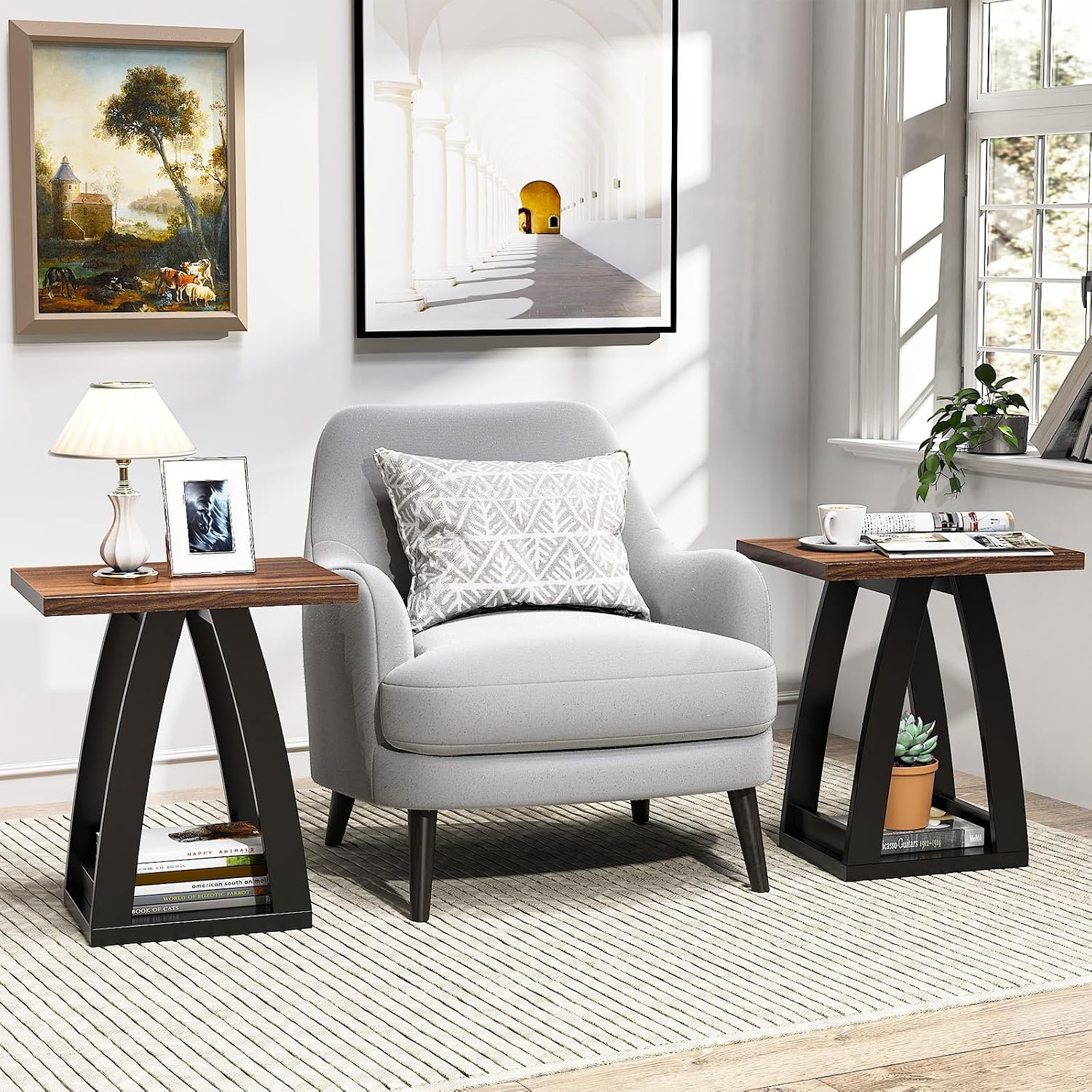 End Tables Living Room Set of 2. Side Tables Living Room. Side Table Beside Sofa. Modern End Table for Home. Black-Brown End Tables Set of 2