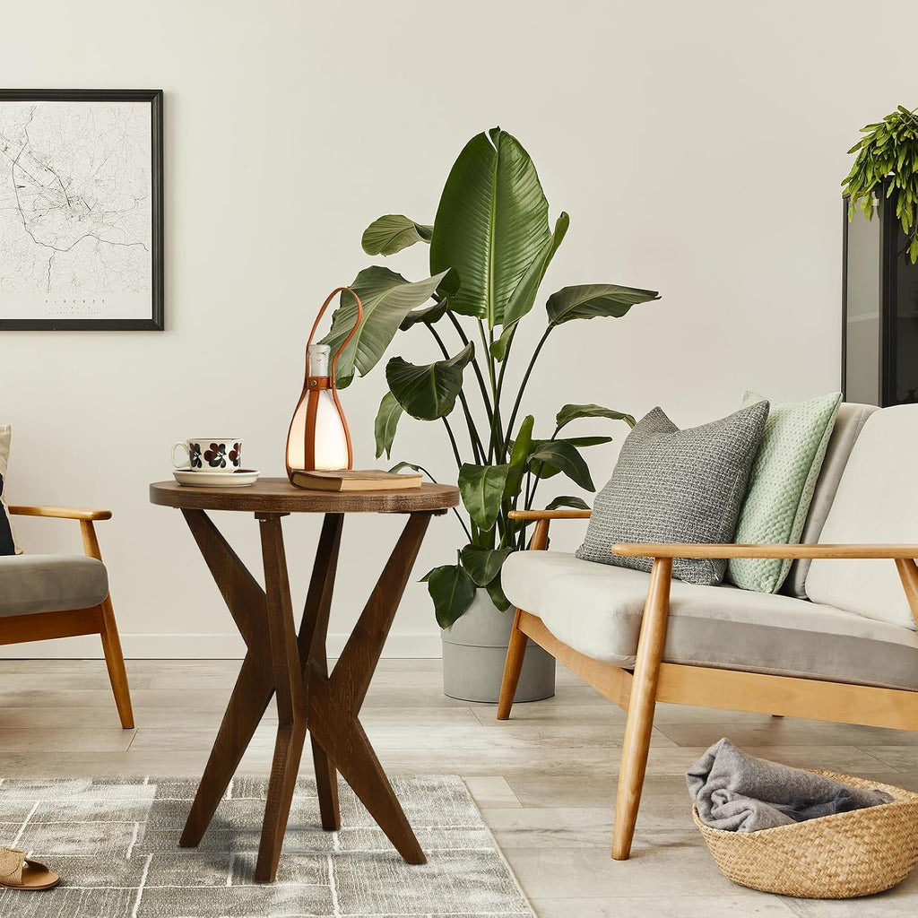 Ahokua Farmhouse Round End Table Set of 2 with MDF Top and Crossed Legs, Mid Century Modern Side Table Small Accent Table for Small Space Stable Nightstand for Living Room, Natural Wood