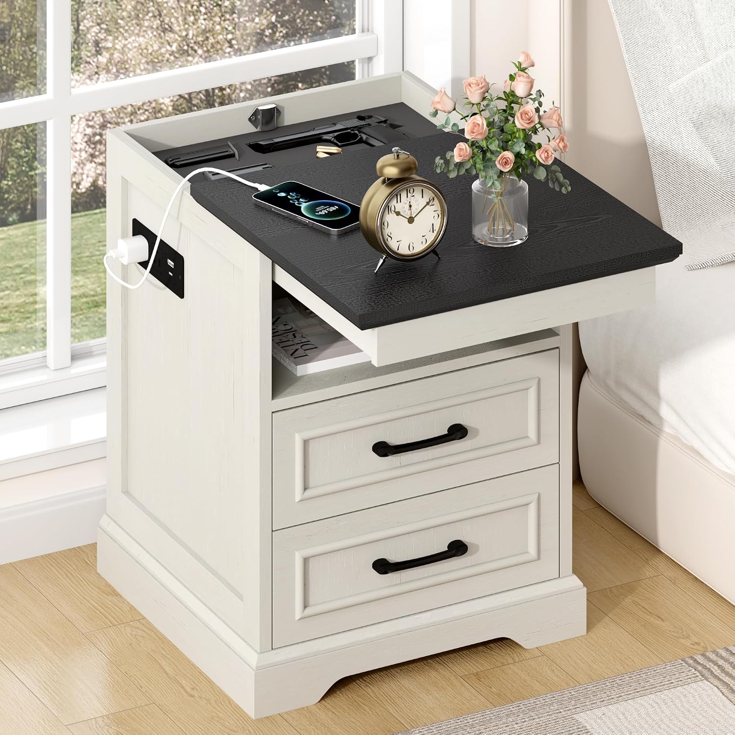 Gadroad 18' Farmhouse Accent Nightstand with Charging Station, End Table with 3 Drawers Storage, Side Table, Bedside Cabinet for LivingRoom Bedroom Office, Antique White