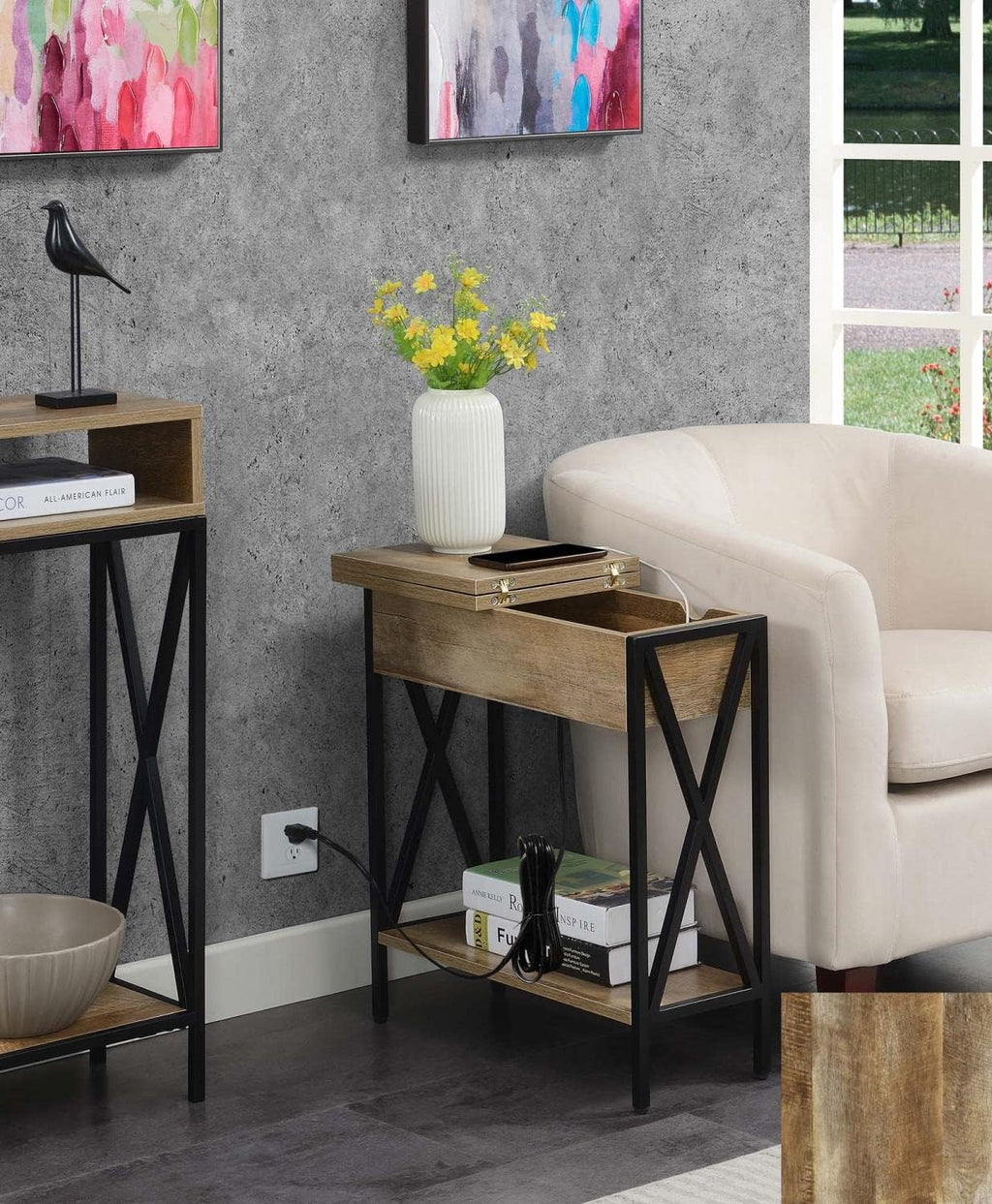 Convenience Concepts Tucson Flip Top End Table with Charging Station 23.75' - Modern Living Room Table with Storage Shelf, Side Table Side Table, Weathered Barnwood/Black