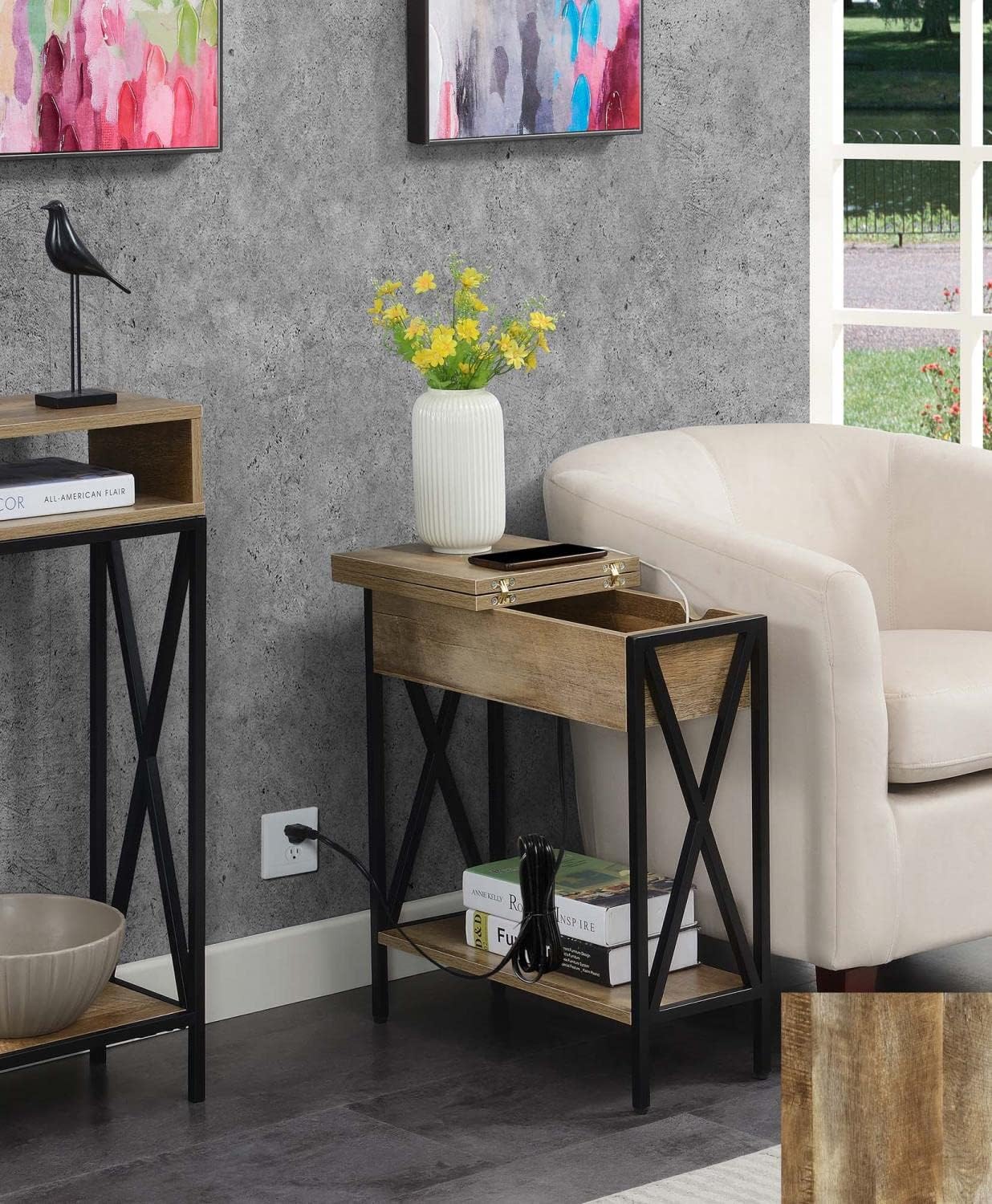 Convenience Concepts Tucson Flip Top End Table with Charging Station 23.75' - Modern Living Room Table with Storage Shelf, Side Table Side Table, Weathered Barnwood/Black