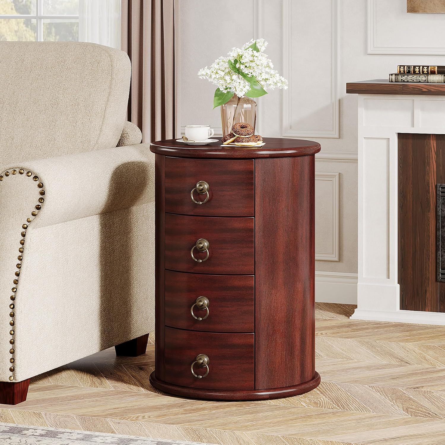 Tribesigns Solid Wood Nightstand, Round Night Stand with 4 Drawers, Rustic Bedside Table Tall Nightstand for Bedroom, Living Room, No Assembly Required (1)