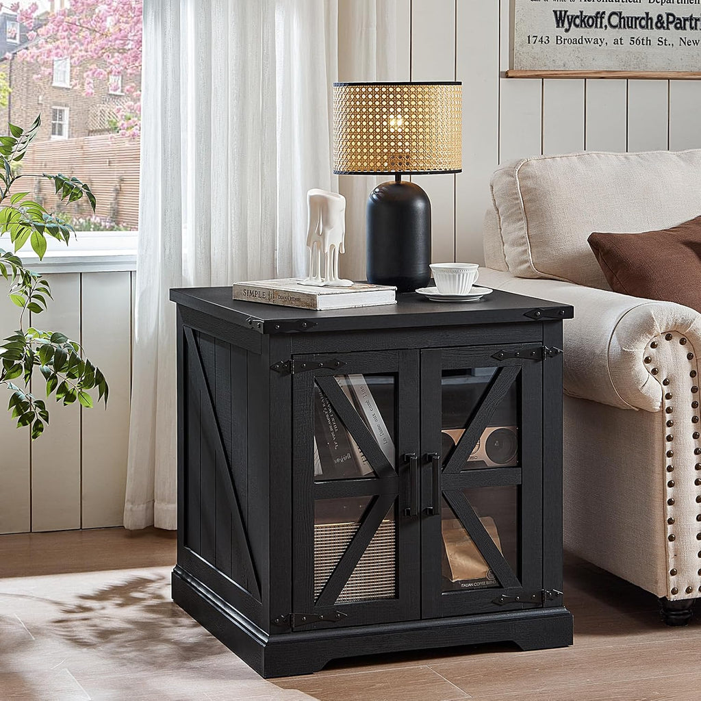 Joaxswe 24' End Table with Charging Station, Farmhouse Night Stand with Glass Barn Door, Black Nightstands with Adjustable Storage Shelf, Large Wood Square Bed Side Table for Living Room,Bedroom