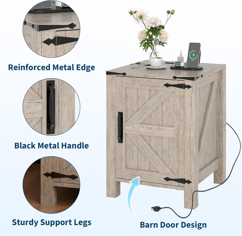 Garvee Rustic Farmhouse Nightstand Set of 2 with Charging Station, Barn Door and Adjustable Storage Shelf, Wooden Small Bedside Table, 18' Modern Two-Tier Nightstand & End Table for Bedroom