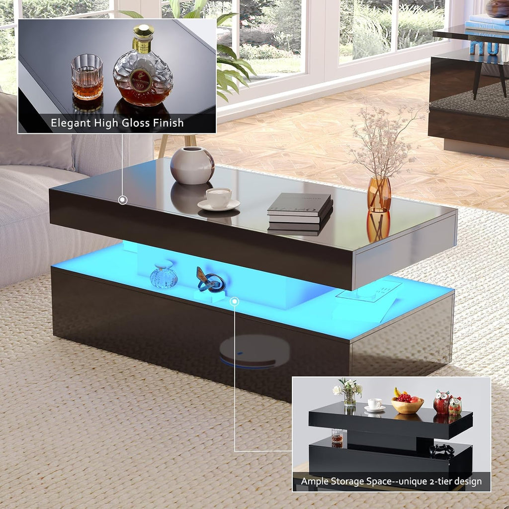 AMERLIFE 3 Piece Modern Living Room Table Set, Includes 80' High Gloss Fireplace TV Stand, 2-Tier Coffee Table, LED Lights Entertainment Center Set for Living Room, Black