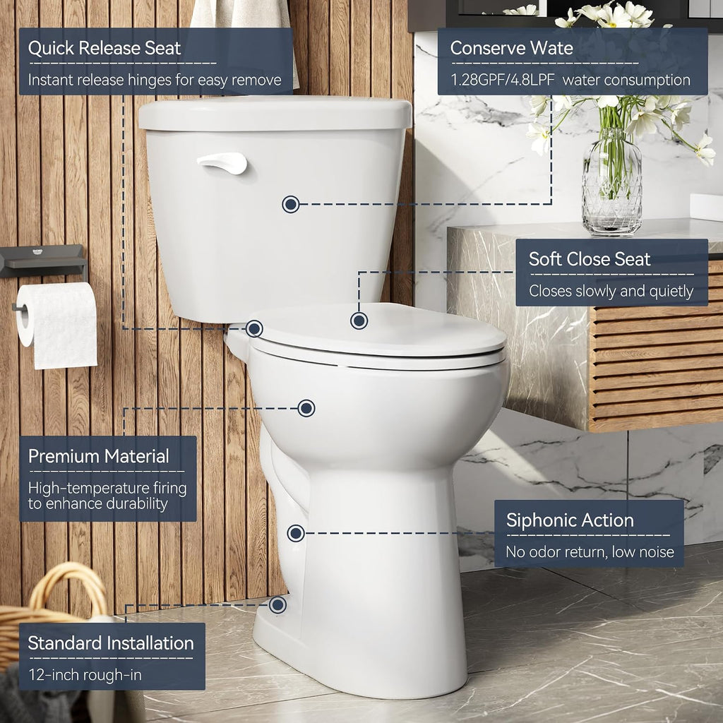 Two Piece Toilet, ADA Height, Elongated Toilet Seat, 1.28 GPF Water Efficient, Side Push Handle, CUPC Certified, Modern Bathroom Toilet