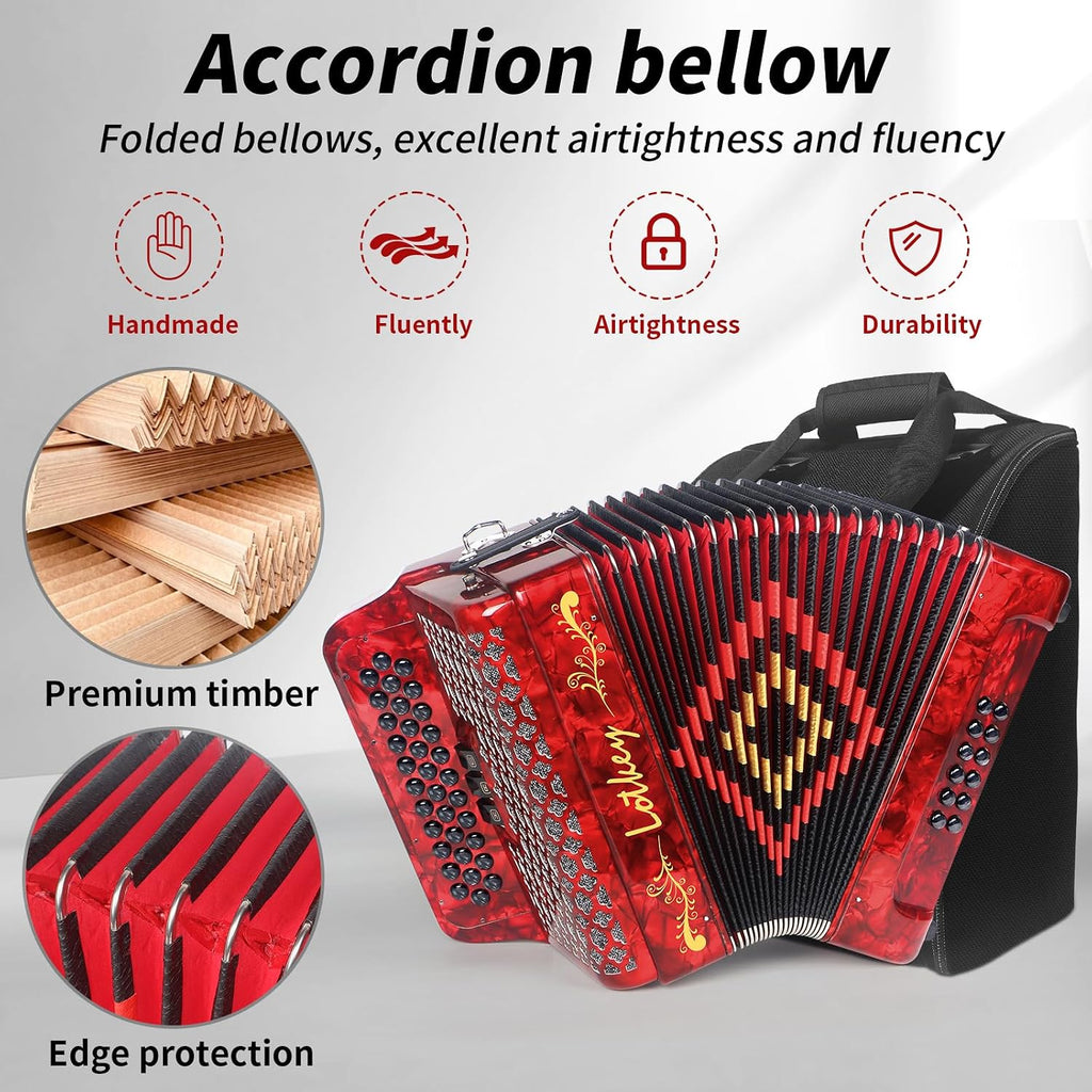 Lotkey 34 Key Diatonic Accordion, 3412 Multi Tone Celluloid Accordions Louder Clearer Timbre than Plastic for Adult, Beginner, Professional with Updated Bag, Straps, Acordeón Wrist Guard (FBE Red)