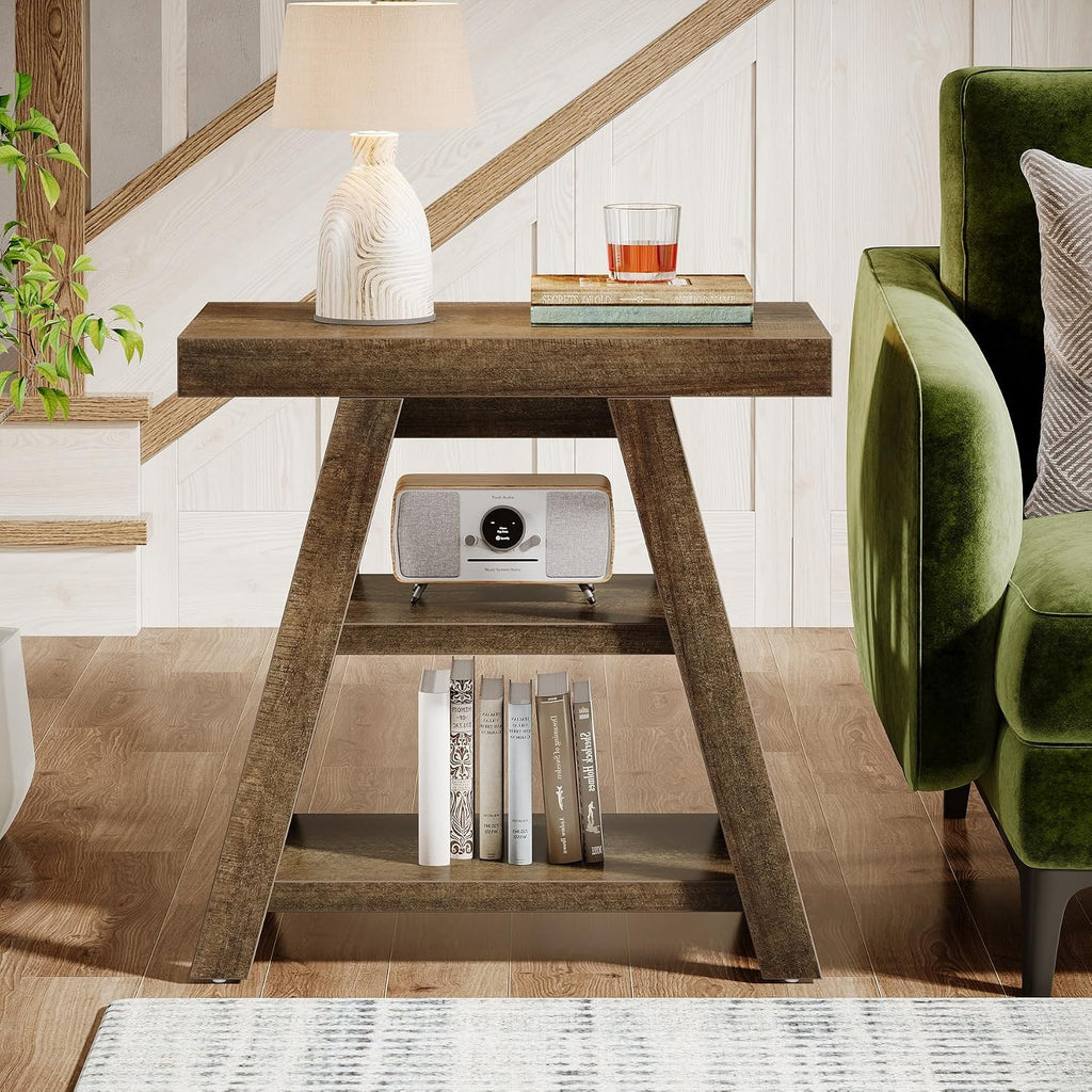 Tribesigns Set of 2 Rustic Side Table, 3-Tier Wooden End Table with Trapezoid Legs, Farmhouse Side Table for Couch, Vintage Bedside Nightstand for Bedroom, Living Room, Small Spaces, Distressed Brown