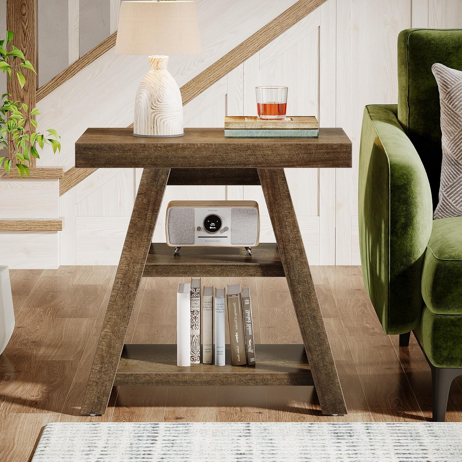 Tribesigns Set of 2 Rustic Side Table, 3-Tier Wooden End Table with Trapezoid Legs, Farmhouse Side Table for Couch, Vintage Bedside Nightstand for Bedroom, Living Room, Small Spaces, Distressed Brown