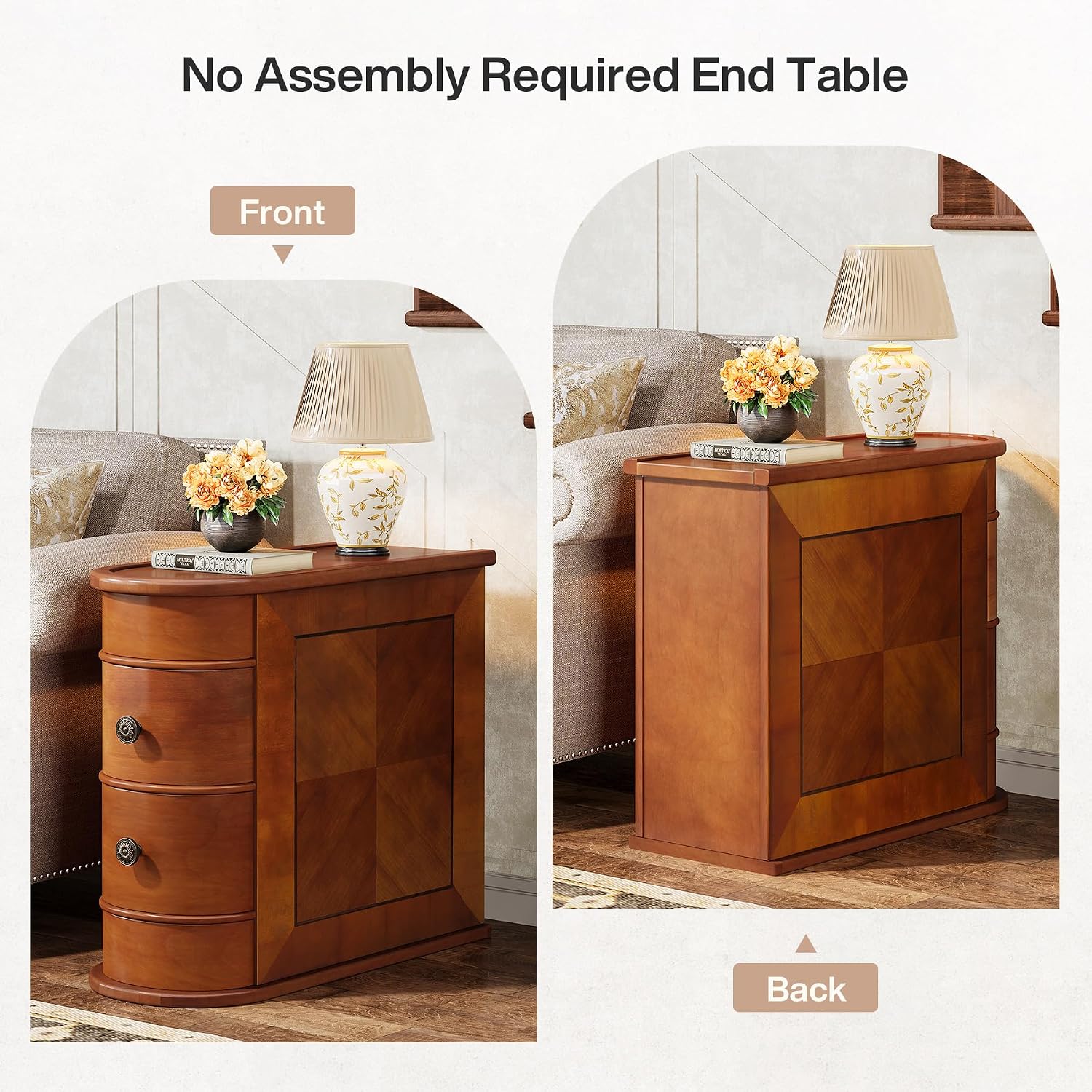 Tribesigns End Table with 2 Drawers, Sofa Side Table with Storage, No Assembly Required, Closed Back, Slim Nightstand Vintage Wood Chairside Bedside Narrow Accent Table for Living Room Bedroom, Brown