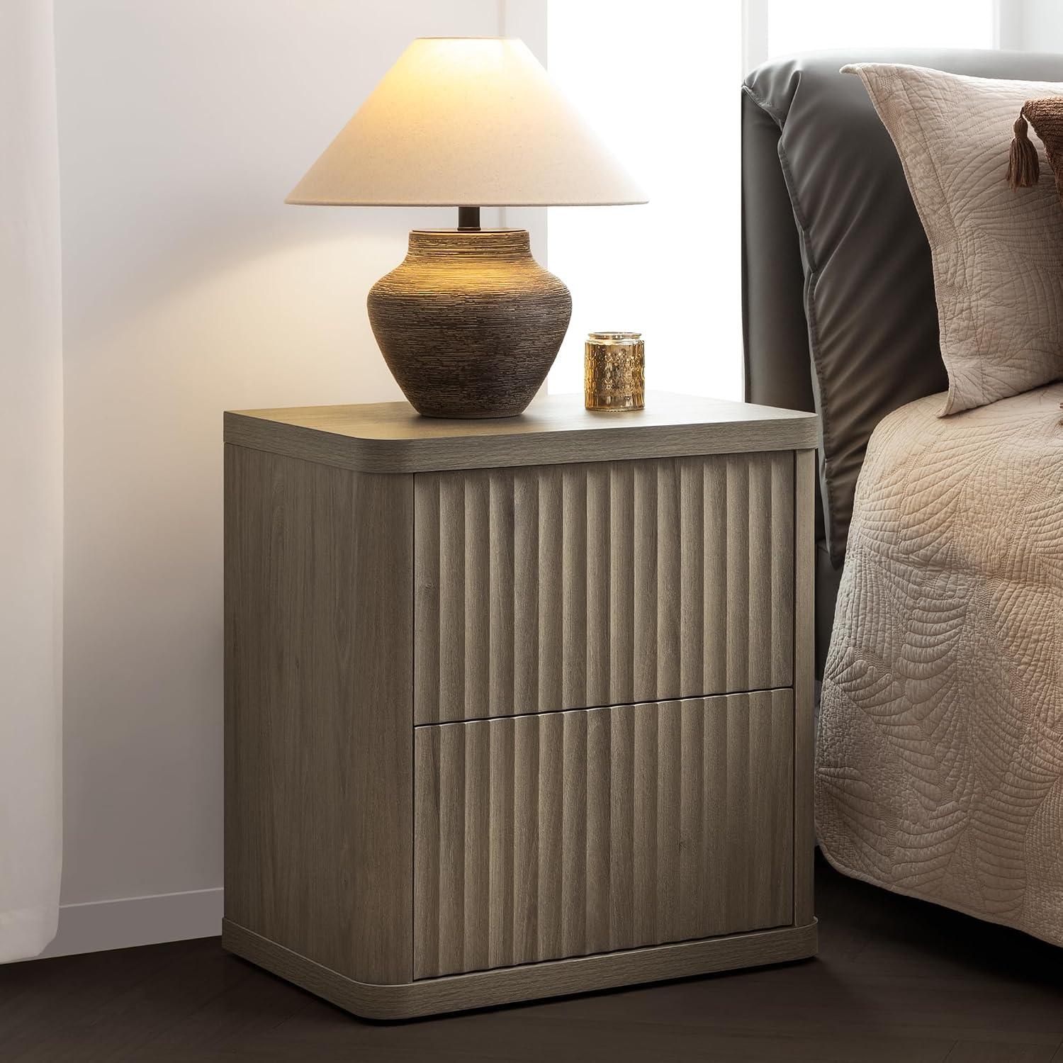 SICOTAS Night Stand Set of 2 Nightstands with 2 Drawers Storage Bedside Table Large Fluted Bed Side End Table Modern 24.4' Tall Wide Night Stands for Bedroom Living Room Sofa Couch Office, Grey Alder