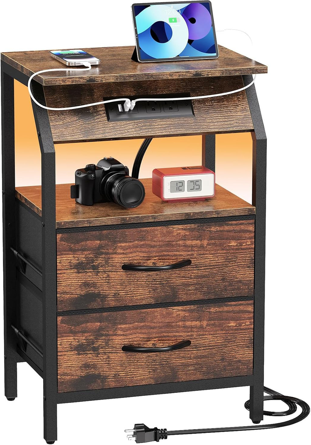 SZLHANJZ End Table with LED Lights, Nightstand with 2 Drawers and Type C Charging Station, Small Fabric Night Stand for Bedside, Storage Side Table for Living Room Dorm, Rustic Brown