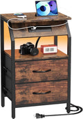 SZLHANJZ End Table with LED Lights, Nightstand with 2 Drawers and Type C Charging Station, Small Fabric Night Stand for Bedside, Storage Side Table for Living Room Dorm, Rustic Brown
