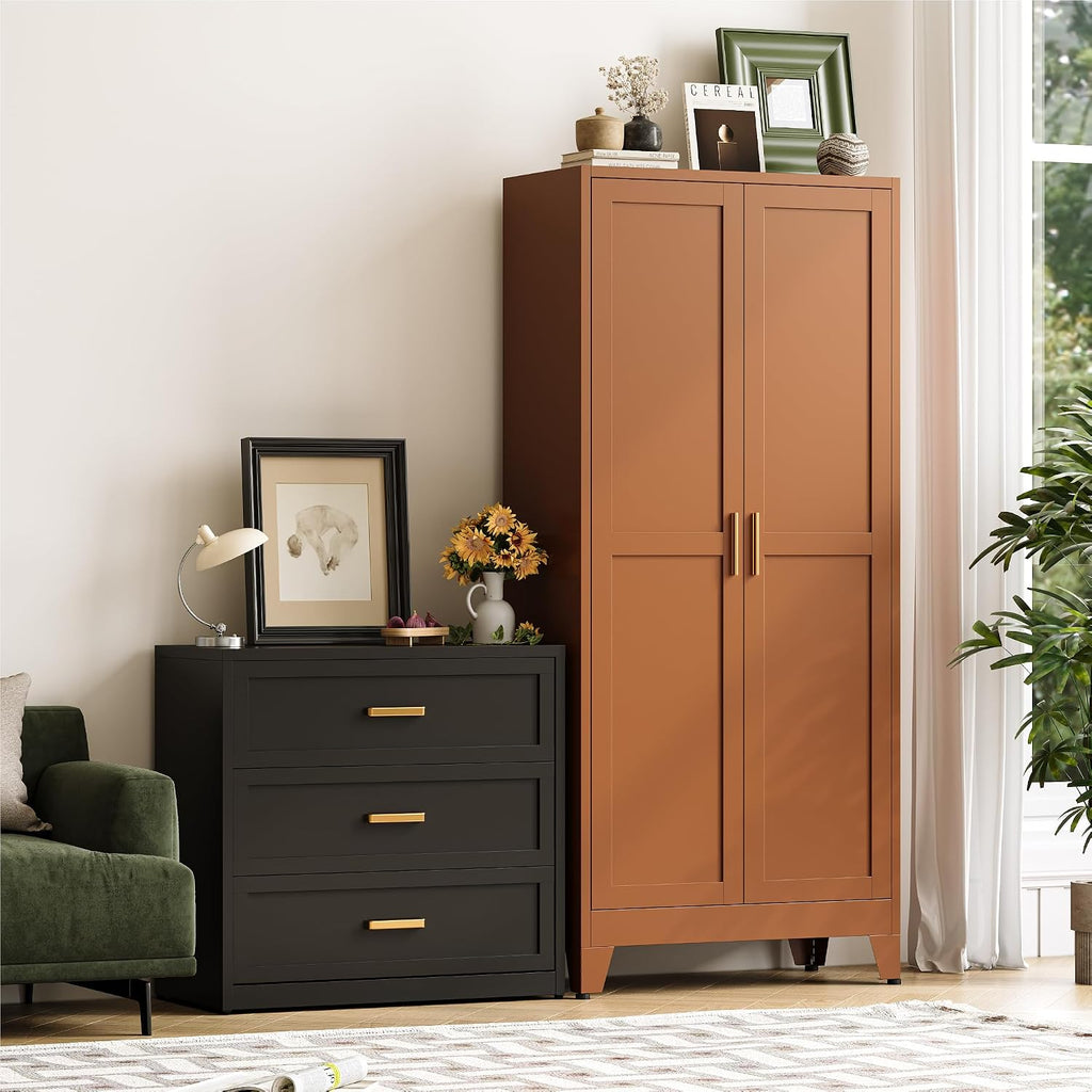 Baborokic 71H Tall Metal Storage Cabinet with 2 Doors and Adjustable Shelves,Kitchen Pantry Storage Cabinets,Tall Freestanding Cupboard for Bathroom,Office,Dining Room,Rustic Brown