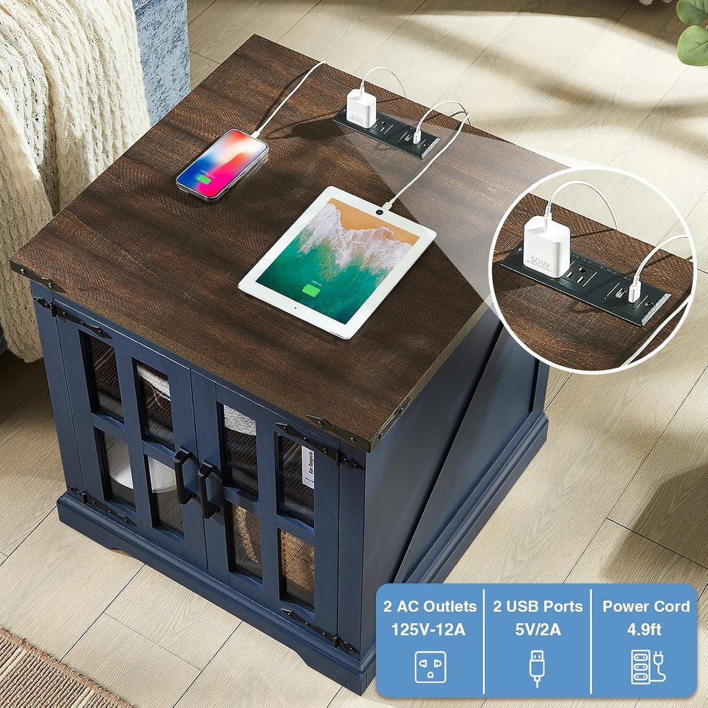Barnyatoh Farmhouse End Table with Charging Station,24' Large Side Table with Glass Barn Door, Rustic Wood Nightstand Bedside Table with Adjustable Storage Shelf for Living Room, Bedroom, Navy Blue
