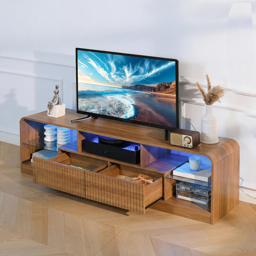 Mid Century Modern TV Stand for 55 60 65 70 75 Inch TVs, Fluted TV Stands for Living Room with LED Lights, 63'' Entertainment Center with 2 Large Drawers & Glass Shelves, Walnut