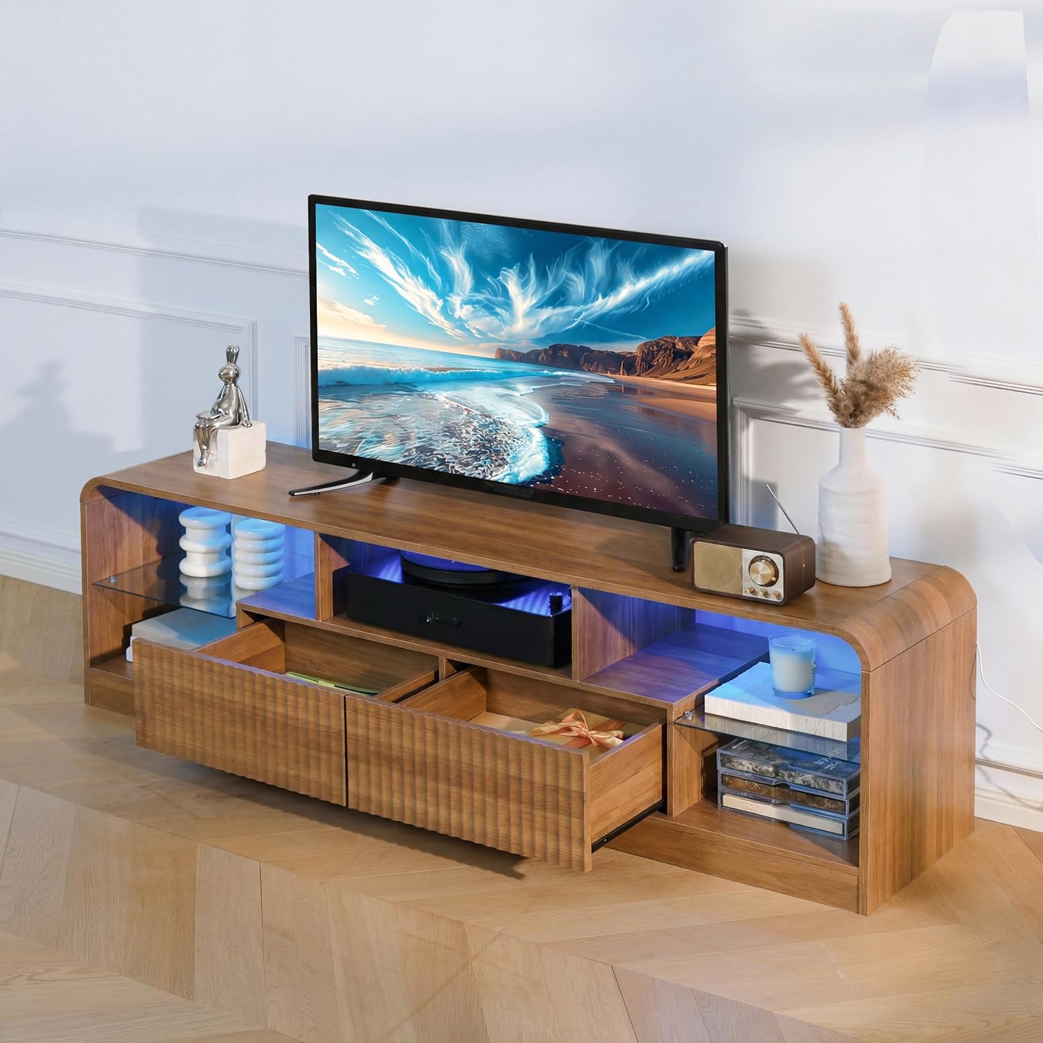 Mid Century Modern TV Stand for 55 60 65 70 75 Inch TVs, Fluted TV Stands for Living Room with LED Lights, 63'' Entertainment Center with 2 Large Drawers & Glass Shelves, Walnut