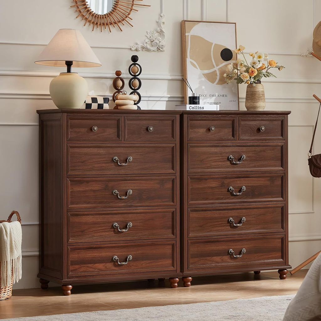Joaxswe Farmhouse 6 Drawer Dresser Set of 2 for Bedroom, 42' Tall Rustic Chests of Drawers w/ 4 Solid Wood Feet, Mid Century Vintage Wooden Closet Storage Dressers Organizer for Living Room,Brown