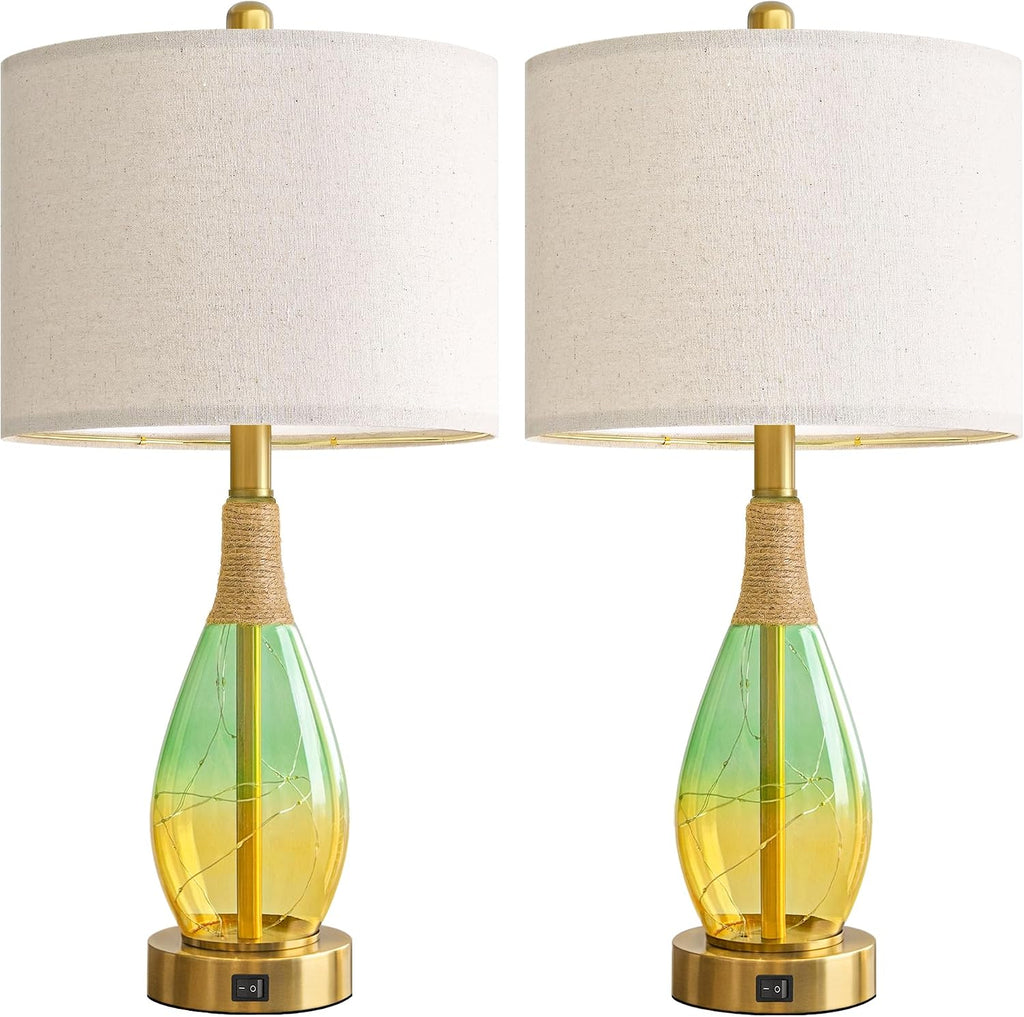 OYEARS 23' Table Lamps Set of 2,Farmhouse Lamps with Glass Nightlight, Bedside Lamps for Living Room, Rattan Lamps for Bedroom Nightstands, Two Light Points
