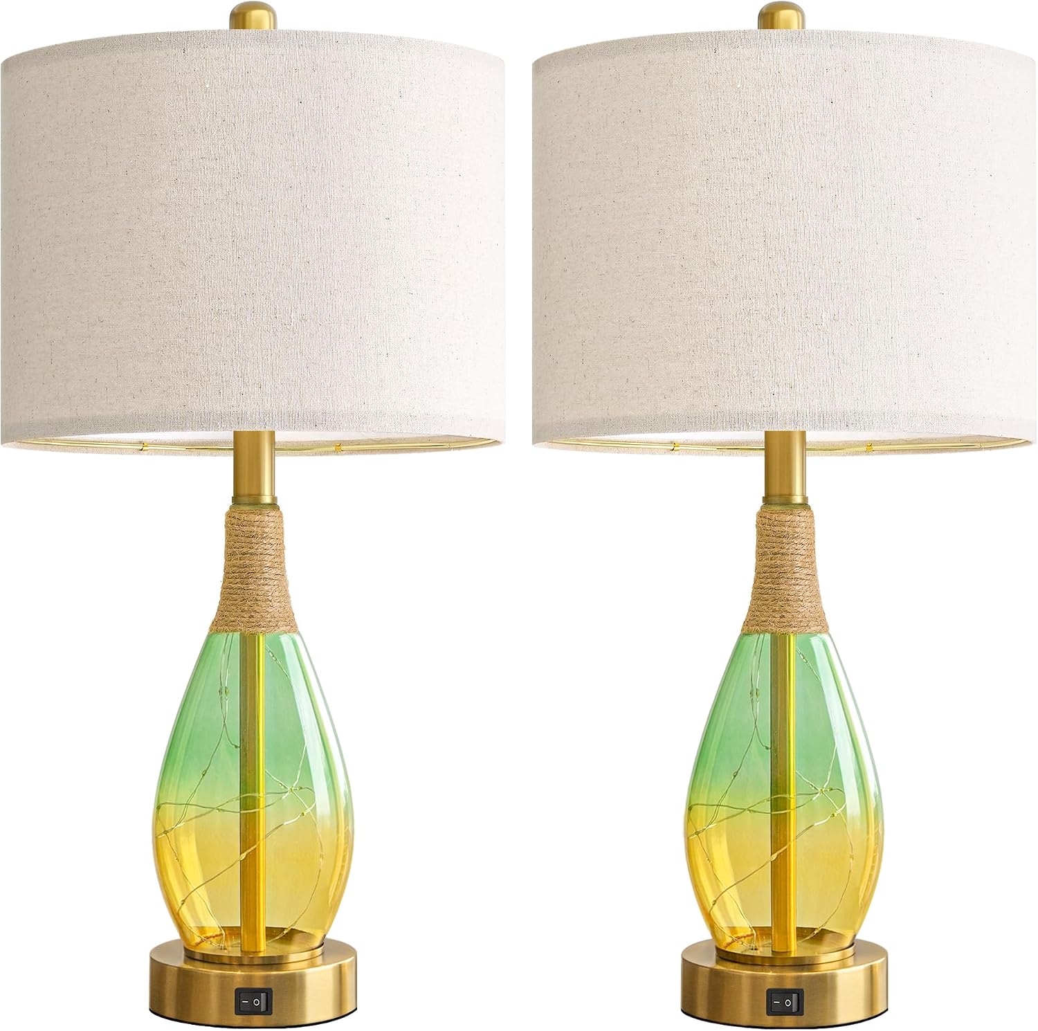 OYEARS 23' Table Lamps Set of 2,Farmhouse Lamps with Glass Nightlight, Bedside Lamps for Living Room, Rattan Lamps for Bedroom Nightstands, Two Light Points