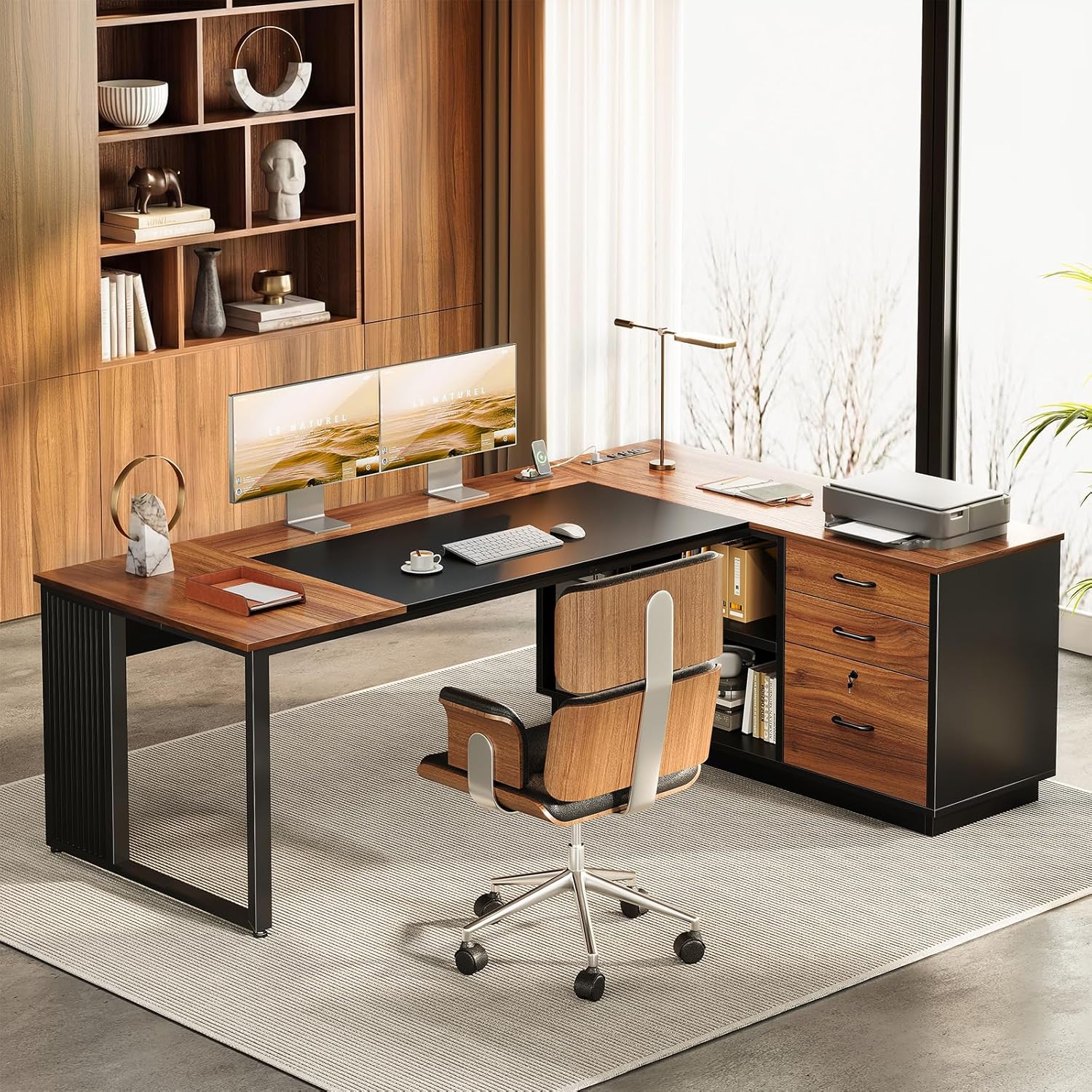AODK 71 Inch L Shaped Executive Desk with Drawers and File Cabinet, Large Office Desk with Storage Shelves, Corner Computer Desk for Home Office, Walnut + Black