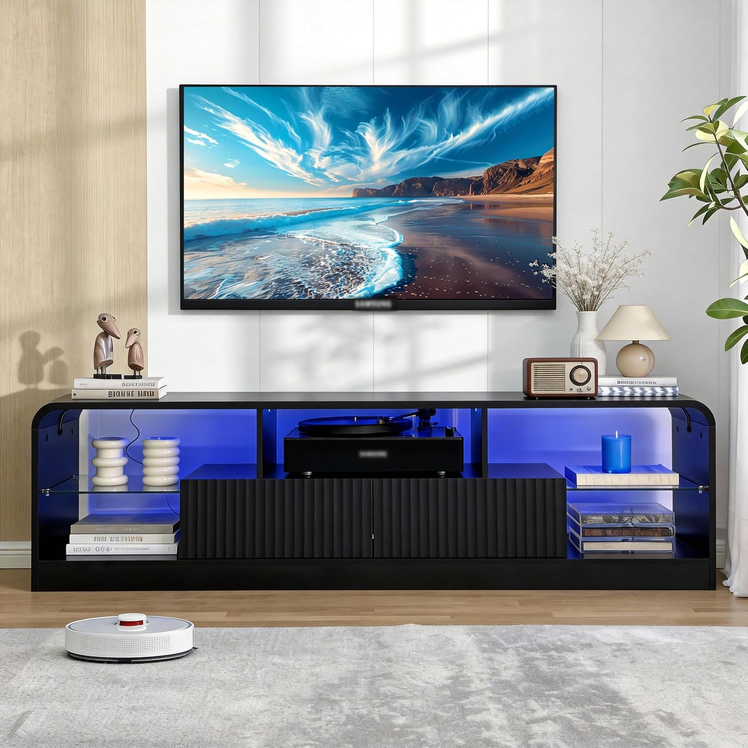 Wodeer Mid Century Modern TV Stand for 55 60 65 70 75 Inch TVs, Fluted TV Stands for Living Room with LED Lights, 63'' Entertainment Center with 2 Large Drawers & Glass Shelves, Black