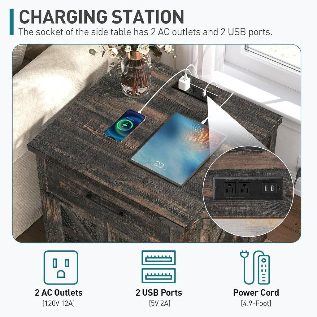 RALGEND Farmhouse End Table Set of 2, 24' Large Sofa Side Table with Drawer, Large End Table for Living Room, Wooden Nightstand with Charging Station, Square, Dark Rustic Oak