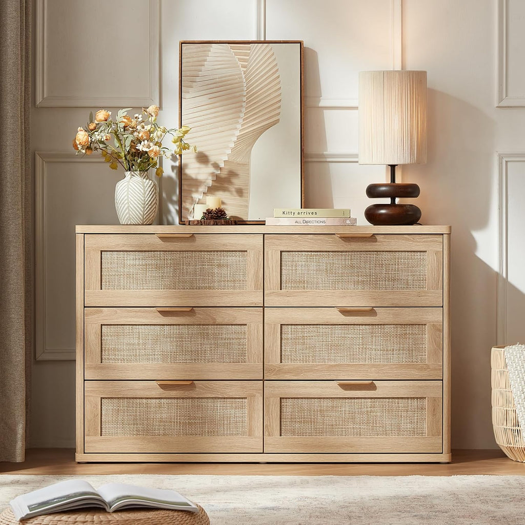 LEYAOYAO Rattan 6 Drawer Dresser for Bedroom, Boho 48' Wide Natural Wood Dresser Chest of Drawers, Dressers TV Stand with Metal Handle, Storage Dressers Closet Organizer for Living Room, Hallway