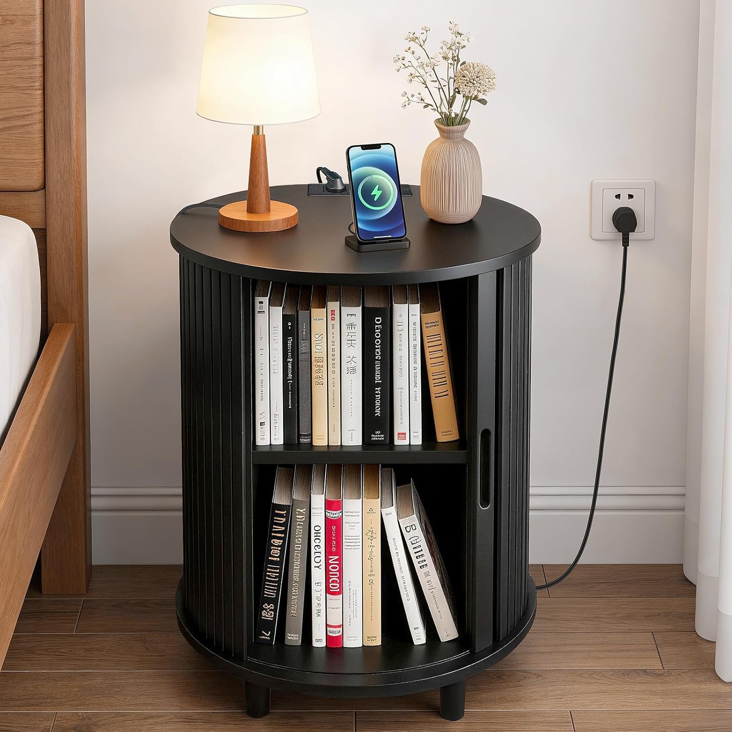 DHH End Table Set of 2 with Storage & Charging Station, Fluted Accent Side Table with Sliding Door & Adjustable Shelf, Mid-Century Nightstand for Small Spaces, Living Room, Bedroom(2, Black)