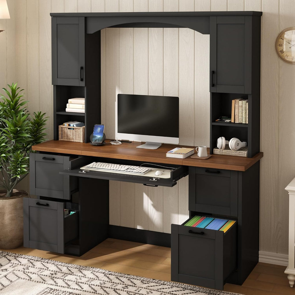 Farmhouse Arched Computer Desk with Hutch,Walnut Home Office Workstation with Charging Station & Keyboard Tray,All-in-One Writing Desk for Study, Office (Black-FA)