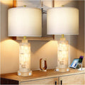 KIVDITZO 27' Alabaster and Wood Table Lamp Set of 2 with Night Light Nightstand Lamps with USB Ports White Linen Fabric Shade Bedside Lamp Decor for Living Room Bedroom Home Office Hotel Bar House