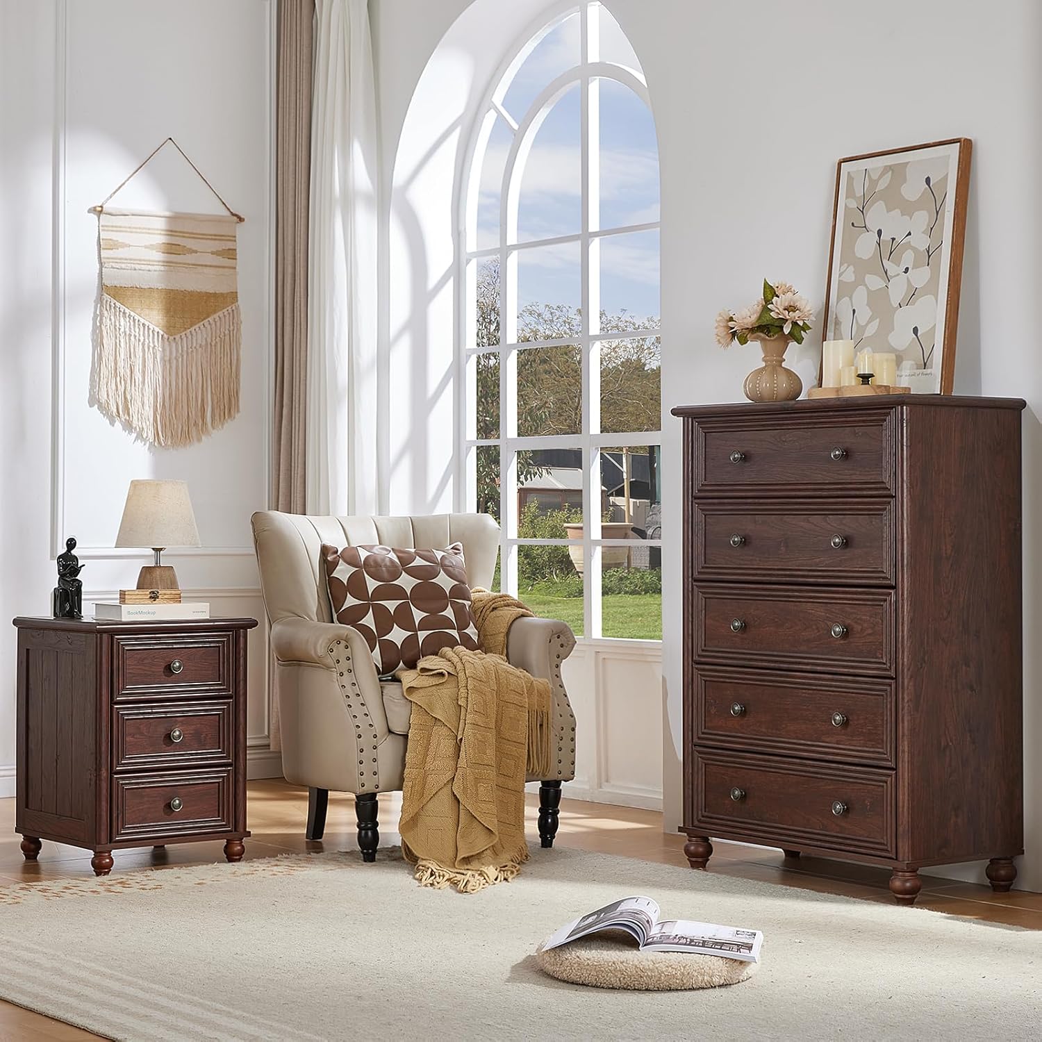 RWYHG 18' Farmhouse Night Stand Set of 2, Walnut Wood Nightstand with 3 Drawers, Bedside End Table with Storage and Roman Column, Bed Side Tables Cabinet for Bedroom, Living Room, and Closet